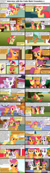 Size: 1282x4375 | Tagged: safe, apple bloom, applejack, babs seed, scootaloo, sweetie belle, earth pony, pony, comic:celestia's servant interview, apple, cape, caption, clothes, comic, cs captions, cutie mark crusaders, floppy ears, grin, interview, milkshake