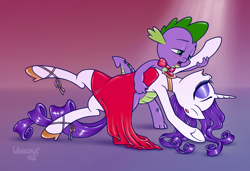 Size: 1978x1352 | Tagged: safe, artist:dubstepina, rarity, spike, dragon, pony, unicorn, bowtie, clothes, dancing, dip, dress, high heels, male, red dress, shipping, sparity, straight