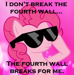 Size: 993x1000 | Tagged: safe, pinkie pie, earth pony, pony, female, mare, pink coat, solo, sunglasses, text