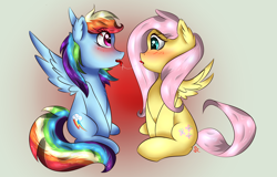 Size: 1600x1024 | Tagged: safe, artist:scarletcurl, derpibooru import, fluttershy, rainbow dash, pegasus, pony, female, flutterdash, lesbian, shipping