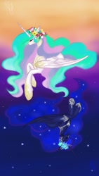 Size: 720x1280 | Tagged: safe, artist:isoldarose, princess celestia, princess luna, alicorn, pony, eyes closed, floral head wreath, prone, stars, twilight (astronomy), yin-yang