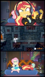 Size: 575x972 | Tagged: safe, edit, edited screencap, screencap, fluttershy, sunset shimmer, angel, better together, equestria girls, game stream, converse, crash bandicoot, crash bandicoot n sane trilogy, face down ass up, gamer sunset, meme, psycho gamer sunset, shoes, stormy ascent, sunset gamer, sunset shimmer frustrated at game