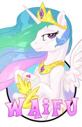 Size: 825x1275 | Tagged: safe, artist:hobbes-maxwell, princess celestia, alicorn, pony, female, heart eyes, jewelry, looking at you, mare, regalia, solo, waifu, waifu badge, wingding eyes