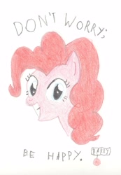 Size: 3032x4377 | Tagged: safe, artist:barryfrommars, pinkie pie, earth pony, pony, bobby mcferrin, colored, don't worry be happy, pencil drawing, reference, signature, smiling, solo, song reference, traditional art