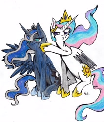 Size: 3528x4134 | Tagged: safe, artist:pepperscratch, princess celestia, princess luna, alicorn, pony, absurd resolution, annoyed, duo, frown, poking, siblings, simple background, sisters, sitting, traditional art, white background
