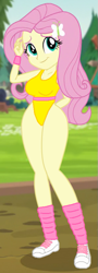 Size: 295x818 | Tagged: safe, artist:wolf, edit, edited edit, edited screencap, screencap, fluttershy, equestria girls, legend of everfree, 80s, breasts, clothes, hairpin, high-cut clothing, leg warmers, leotard, shoes, sneakers, wide hips, workout outfit, wristband