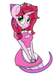 Size: 643x873 | Tagged: safe, artist:sweetfilthyfun, derpibooru import, oc, oc only, oc:tongue tied, anthro, apron, bell, bell collar, breasts, cat ears, cleavage, clothes, collar, cute, dress, female, hat, maid, smiling, solo, tentacles, watermark