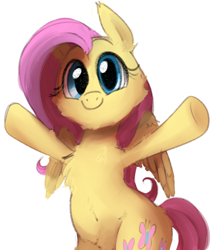 Size: 442x523 | Tagged: safe, artist:dotkwa, fluttershy, pegasus, pony, bipedal, chest fluff, cute, fluffy, inviting, looking at you, shyabetes, smiling, solo