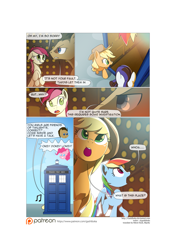 Size: 3541x5016 | Tagged: safe, artist:gashiboka, derpibooru import, applejack, doctor whooves, pinkie pie, rainbow dash, rarity, roseluck, earth pony, pegasus, pony, unicorn, comic:recall the time of no return, comic, crossover, doctor who, male, patreon, patreon logo, pointy ponies, stallion, tardis