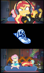 Size: 575x966 | Tagged: safe, edit, screencap, fluttershy, sunset shimmer, better together, equestria girls, game stream, controller, converse, face down ass up, frustrated, game over, gamer, gamer sunset, gamershy, meme, nintendo entertainment system, psycho gamer sunset, rage, rage face, shimmercode, shoes, silver surfer, sunset gamer, sunset shimmer frustrated at game