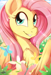 Size: 3425x4960 | Tagged: dead source, safe, artist:rainbowscreen, fluttershy, butterfly, pegasus, pony, cloud, female, flower, mare, sky, smiling, solo