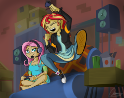 Size: 2672x2124 | Tagged: safe, artist:oinktweetstudios, fluttershy, sunset shimmer, better together, equestria girls, game stream, barefoot, clothes, controller, converse, dress, eyes closed, feet, female, fluttershy is not amused, gamershy, human coloration, shimmercode, shoes, smiling, sneakers, unamused