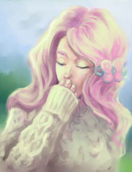 Size: 562x727 | Tagged: safe, fluttershy, human, clothes, female, humanized, pink hair, solo