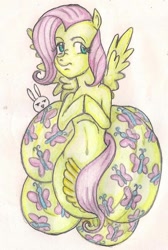 Size: 691x1026 | Tagged: safe, artist:thegloriesbigj, angel bunny, fluttershy, lamia, original species, belly button, fluttersnake, nightmare fuel, solo, species swap, traditional art