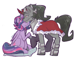 Size: 1250x977 | Tagged: safe, artist:aidmoon, derpibooru import, king sombra, twilight sparkle, twilight sparkle (alicorn), alicorn, pony, alternate hairstyle, female, male, mama twilight, mare, neck nuzzle, nuzzling, pillow, pregnant, shipping, sitting, straight, twibra