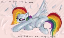 Size: 1200x720 | Tagged: artist needed, safe, derpibooru import, rainbow dash, pegasus, pony, 2012, blue body, colored, draw me like one of your french girls, english, equine, eyewear, feather, female, funny, hair, lifted leg, lineart, long hair, looking at you, lying down, multicolored hair, purple eyes, rainbow hair, smiling, solo, spread wings, sunglasses, text, wings