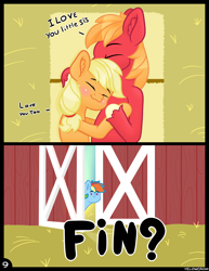 Size: 3400x4400 | Tagged: safe, artist:yelowcrom, applejack, big macintosh, rainbow dash, earth pony, pegasus, pony, comic:aj's secret pleasure, absurd resolution, applemac, barn, blushing, cheek fluff, comic, cute, dialogue, ear fluff, female, hay, hay bale, incest, infidelity, male, mare, shipping, siblings, stallion, straight, wut face