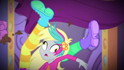 Size: 1920x1080 | Tagged: safe, screencap, bulk biceps, derpy hooves, better together, choose your own ending, equestria girls, lost and pound, lost and pound: rarity, clothes, derpybulk, falling, knocked silly, legs in air, photo booth, shoes, wall eyed