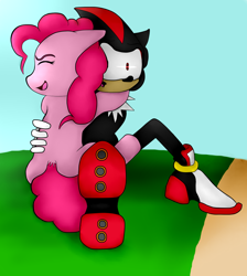 Size: 984x1096 | Tagged: safe, artist:tj0001, pinkie pie, earth pony, pony, crossover, crossover shipping, female, hug, male, shadow the hedgehog, shadpie, shipping, sonic the hedgehog (series), straight