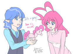 Size: 1280x948 | Tagged: safe, artist:jonfawkes, party favor, pinkie pie, human, 30 minute art challenge, balloon animal, dialogue, elf ears, humanized