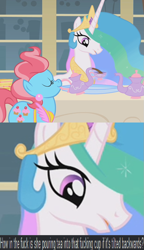 Size: 639x1110 | Tagged: safe, cup cake, princess celestia, alicorn, pony, caption, food, tea, teapot, vulgar