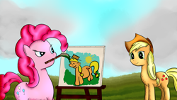 Size: 1920x1080 | Tagged: safe, artist:katsu, applejack, pinkie pie, earth pony, pony, apejak, brush, cloud, cloudy, drawing, grass, hat, painting, pinkie's painting, shipping