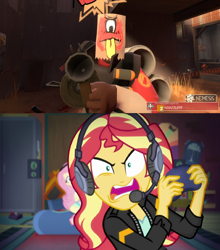 Size: 1356x1540 | Tagged: safe, edit, screencap, adagio dazzle, fluttershy, sunset shimmer, better together, equestria girls, game stream, angry, demoman, gamer sunset, meme, nemesis, paper bag, psycho gamer sunset, shimmercode, stickybomb launcher, sunset gamer, sunset shimmer frustrated at game, team fortress 2, weapon
