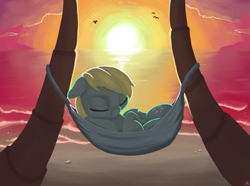 Size: 2245x1668 | Tagged: safe, artist:coldmix, derpy hooves, pony, beach, cute, derpabetes, hammock, scenery, sleeping, solo, sunset