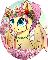 Size: 669x840 | Tagged: safe, artist:freckledbastard, fluttershy, pegasus, pony, alternate hairstyle, floral head wreath, flower, necklace, peace symbol, ponytail, solo