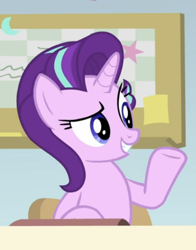 Size: 460x586 | Tagged: safe, screencap, starlight glimmer, pony, unicorn, a horse shoe-in, cropped, female, mare, raised hoof, sitting, solo