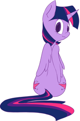 Size: 1270x1920 | Tagged: safe, artist:riskii, derpibooru import, twilight sparkle, twilight sparkle (alicorn), alicorn, pony, female, looking at you, looking back, mare, simple background, sitting, solo