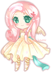 Size: 233x325 | Tagged: safe, artist:merukamu, fluttershy, human, chibi, clothes, dress, humanized, solo, winged humanization