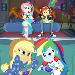 Size: 1080x1080 | Tagged: safe, edit, screencap, applejack, fluttershy, rainbow dash, sunset shimmer, better together, equestria girls, game stream, rainbow rocks, applejack and rainbow dash playing, clothes, comparison, converse, exploitable meme, meme, pajamas, playing, shimmercode, shoes, shorts, sneakers, video game