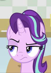 Size: 656x938 | Tagged: safe, screencap, starlight glimmer, pony, unicorn, a horse shoe-in, cropped, female, frown, glare, hair flip, lidded eyes, looking at someone, mare, multicolored mane, narrowed eyes, raised eyebrow, solo, starlight is not amused, unamused