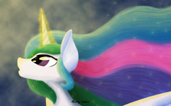 Size: 1024x640 | Tagged: safe, artist:muddy-waters, princess celestia, alicorn, pony, bust, female, horn, mare, multicolored mane, solo, white coat