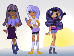 Size: 1024x768 | Tagged: safe, artist:eppyminecart, oc, oc only, oc:cyathea jade, oc:jasmine teff, oc:opal callicarpa, human, belt, boots, bracelet, clothes, dark skin, female, hands on hip, humanized, humanized oc, icey-verse, jewelry, magical lesbian spawn, midriff, necklace, next generation, offspring, one eye closed, parent:rarity, parent:zecora, parents:raricora, shoes, short shirt, shorts, skirt, socks, stockings, sweater, thigh highs, wink