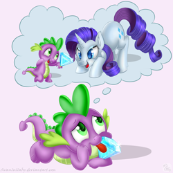 Size: 900x900 | Tagged: safe, artist:swanlullaby, rarity, spike, dragon, pony, unicorn, dream, jewel, male, open mouth, shipping, sparity, straight, tongue out