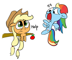 Size: 500x422 | Tagged: safe, artist:dambitail, derpibooru import, applejack, rainbow dash, earth pony, pegasus, pony, apple, stuck