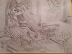 Size: 4128x3096 | Tagged: safe, artist:therainbowphoenix, princess celestia, alicorn, pony, absurd resolution, grayscale, monochrome, sitting, solo, throne, traditional art, water