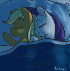 Size: 732x748 | Tagged: safe, artist:draneas, applejack, rarity, earth pony, pony, unicorn, 30 minute art challenge, bed, female, lesbian, rarijack, shipping, sleeping