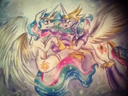 Size: 1600x1200 | Tagged: safe, artist:enjal, princess celestia, alicorn, pony, duality, evil celestia, female, fight, growling, mare, sad, traditional art