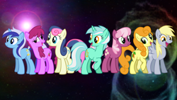 Size: 1920x1080 | Tagged: safe, artist:morningstar-1337, edit, berry punch, berryshine, bon bon, carrot top, cheerilee, derpy hooves, golden harvest, lyra heartstrings, minuette, sweetie drops, pony, background pony, space, wallpaper, wallpaper edit