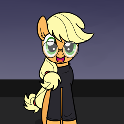 Size: 555x555 | Tagged: safe, artist:drawponies, applejack, earth pony, pony, apple, clothes, female, glasses, macintosh, smiling, solo, steve jobs, sweater, turtleneck