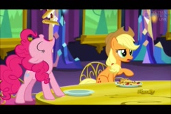 Size: 960x640 | Tagged: safe, screencap, pinkie pie, earth pony, pony, castle sweet castle, duo, female, mare, pancakes