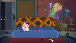 Size: 1280x720 | Tagged: safe, edit, edited screencap, screencap, sunset shimmer, squirrel, better together, equestria girls, game stream, angry, clothes, controller, converse, eye, eyes, hiding, shoes, smoke, smug, sneakers, sofa, when you see it