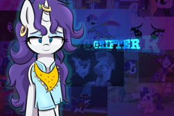 Size: 1280x853 | Tagged: safe, artist:heir-of-rick, part of a set, rarity, pony, unicorn, bandana, clothes, ear piercing, earring, horn ring, impossibly large ears, jewelry, leverage, lidded eyes, piercing, shirt, solo