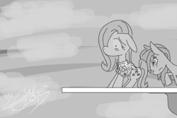 Size: 750x500 | Tagged: safe, artist:liracrown, derpibooru import, fluttershy, rainbow dash, pegasus, pony, diving board, evening, grayscale, monochrome, pushing, rump push, scared, simple background