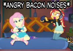 Size: 746x524 | Tagged: safe, edit, edited screencap, screencap, fluttershy, sunset shimmer, better together, equestria girls, game stream, bacon, clothes, converse, descriptive noise, female, food, gamer sunset, gamershy, meat, meme, shoes, text