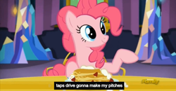 Size: 1600x830 | Tagged: safe, screencap, pinkie pie, earth pony, pony, castle sweet castle, meme, pancakes, youtube caption