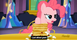 Size: 1600x830 | Tagged: safe, screencap, pinkie pie, earth pony, pony, castle sweet castle, meme, pancakes, youtube caption